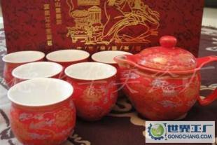 喜慶紅牡丹 頭雙層杯茶具，德化禮瓷中的功夫茶藝精品